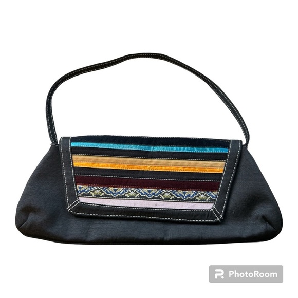 Retro 60's style Black Shoulder Bag With Multicolored Fabric Tapestry Accents - Picture 3 of 11